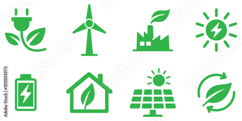 Eco energy icons with clean power symbols, Renewable resource and sustainability illustrations, Green environmental power concept set