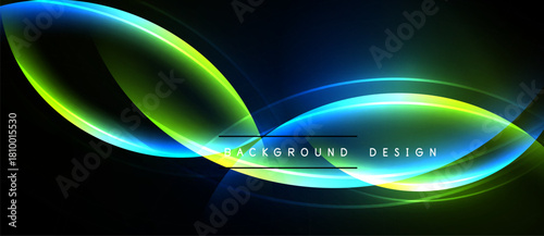 Bright neon shapes overlap dark background. Vivid blue, green hues create dynamic visual effect. Modern design element.