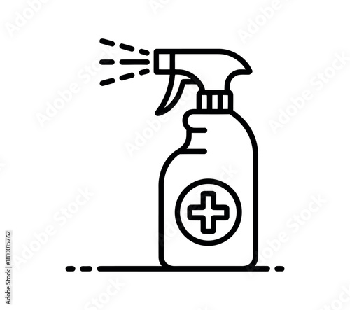 Hygiene spray bottle dispensing disinfectant for cleaning and sanitizing surfaces.