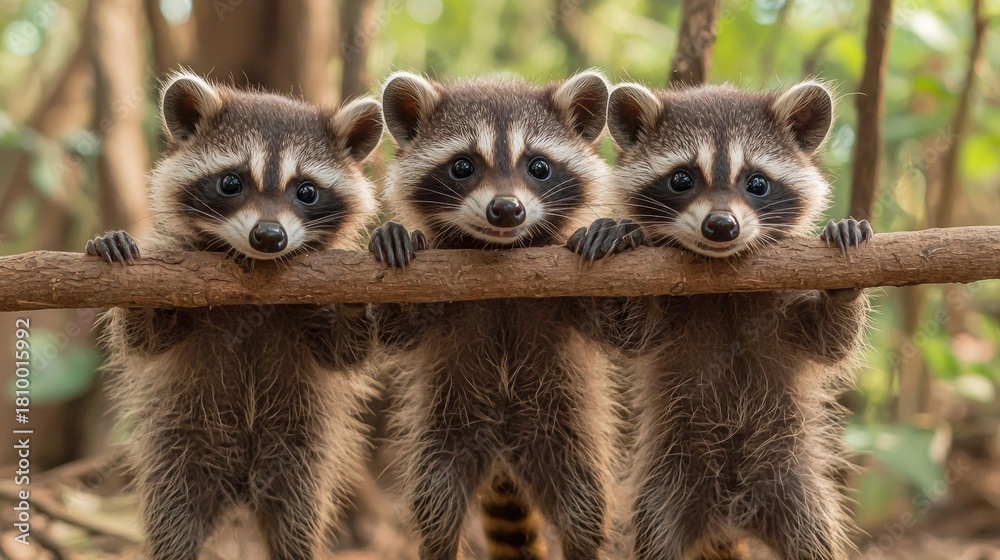 Obraz premium Three raccoons with black and white faces are holding onto a branch, looking directly at the camera. AI.