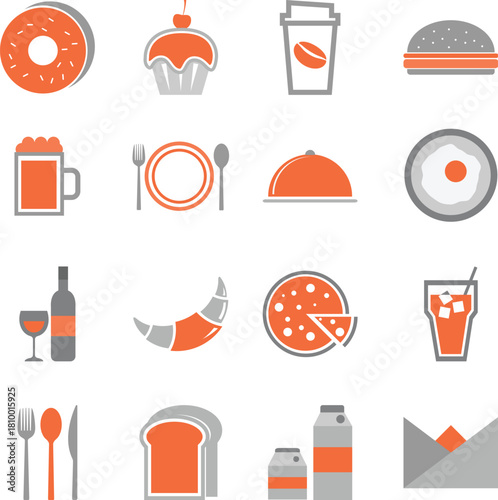 Orange Food Icons Set on White Background