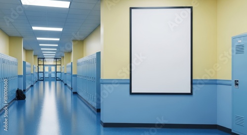 Empty school hallway with lockers and blank poster on the wall mockup