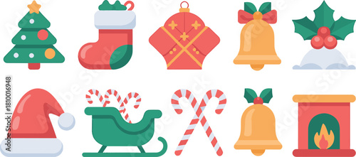 Christmas Icons Set: Tree, Gift, Candy Cane, Ornament, Snowflake, Santa Hat, Sleigh, Bell, Fireplace, Star, Bow, Ribbon, Fire Flame — Clipart Collection