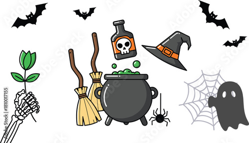 Halloween spooky elements, skeleton hand, witch broom, cauldron, potion bottle, bats, ghost, spider, magical plant, haunted theme, eerie vibes