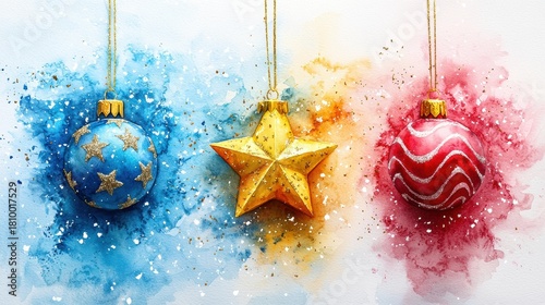 Blue, gold, and red ornaments hang against watercolor splatters. AI.