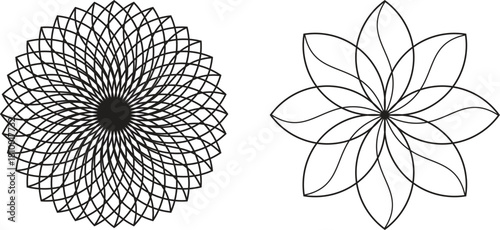 Geometric floral designs black and white illustration