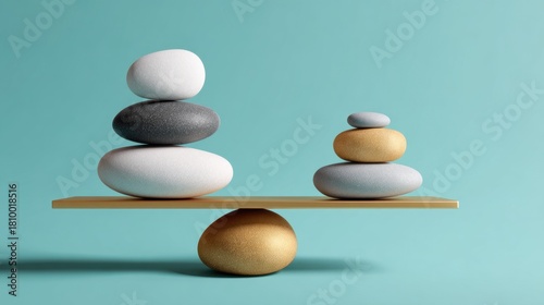 A stack of rocks on a balance scale. The scale is tilted to one side. The rocks are of different sizes and colors. Concept of balance and harmony