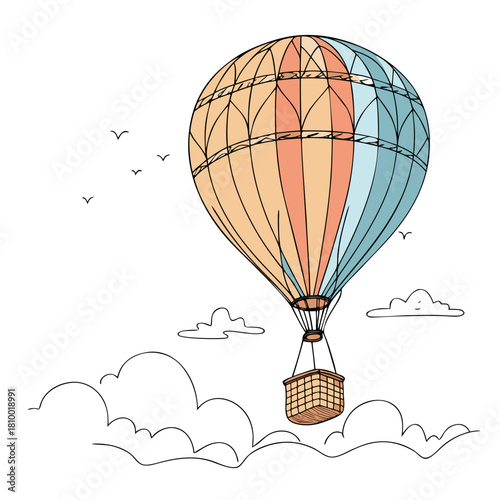 Whimsical hot air balloon soaring through fluffy clouds with birds in flight a dreamy adventure awaits you