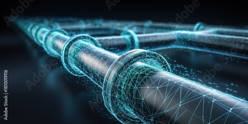 Digital pipeline with glowing connections and network lines in futuristic design showcasing advanced technology