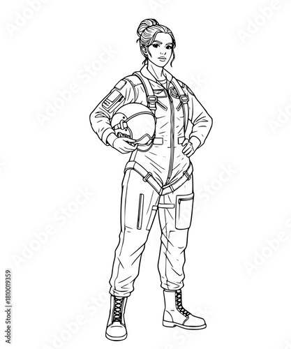 Line Art Drawing of a Female Fighter Pilot Holding a Helmet