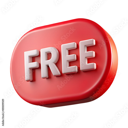 Red free button 3d render on black background for marketing and promotion