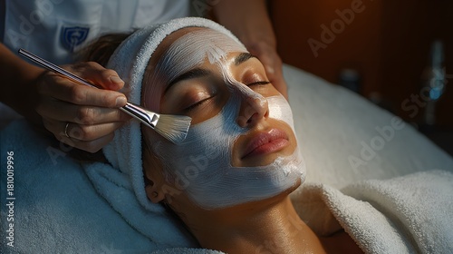 Relaxed woman enjoying skincare treatment at beauty spa.

Spa facial procedure for healthy glowing skin