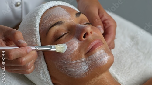 Woman receiving facial treatment with cosmetic mask in spa salon.

Professional beautician applying face mask with brush