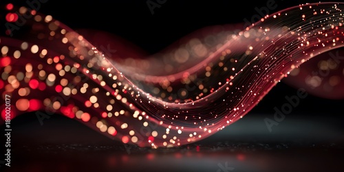 Futuristic digital flow of particles forming a dynamic wave.

Glowing particle wave background with red and white lights
