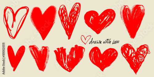 Doodle textured heart set with rough crayon and sketch lines. Trendy grunge hearts for Valentine’s Day, romance artwork, print design, stickers and playful love graphics. Vector illustration.