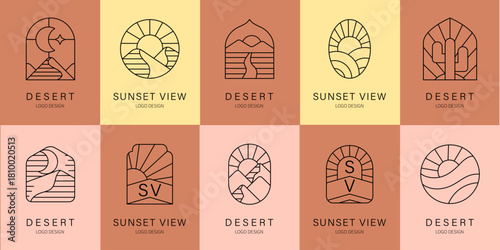 Desert Minimalist Line Art Logo and Icon Set. Bohemian design