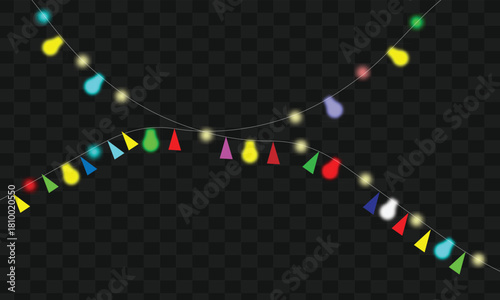 Colorful party lights and festive triangular bunting flags design