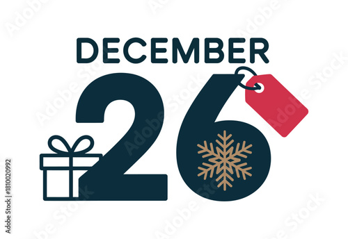 Boxing Day sale concept with gift and snowflake icons on December 26th