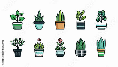 Set of Cute Potted Houseplants Icons in Modern Minimal Line Art Style