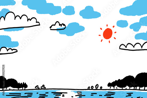 Childlike Hand-Drawn Landscape Illustration with Sun, Clouds, and Water Reflection