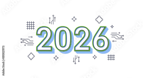 2026 New Year Banner with Outline Typography and Digital Circuit Board Elements