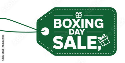 Green boxing day sale tag with festive gift icons and string