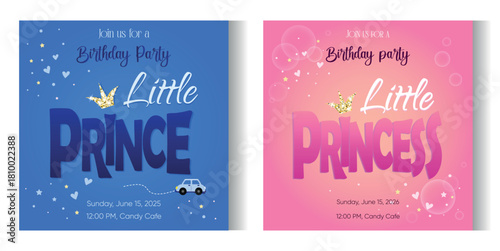 set of cards Prince and Princess Digital Birthday Party Invitations Editable Template