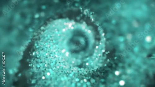 Turquoise glitter swirl. Abstract background of particles flowing in spiral for design