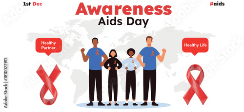 AIDS Day Awareness Team with Red Ribbons and Health Messages.