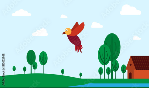 Bird flying over trees minimal nature vector drawing