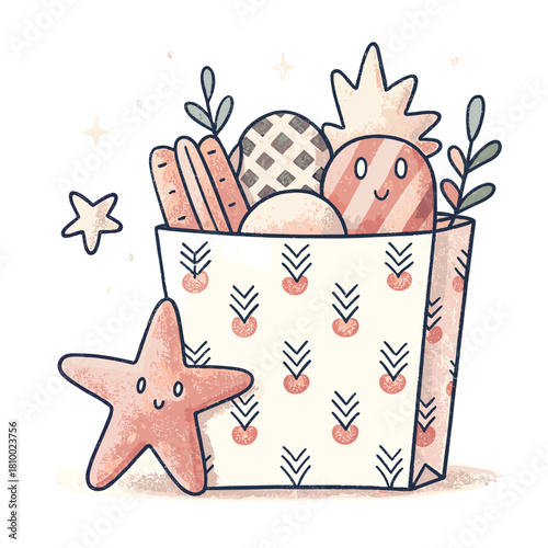 Decorative paper bag filled with holiday snacks and sea star  