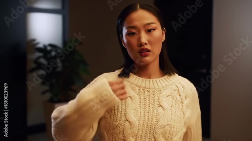 Young Asian woman fixing hair, wearing white sweater, in warm interior lighting. Possible lifestyle use