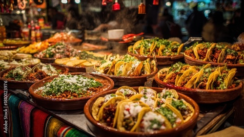 A table full of Mexican food, including tacos and other dishes. The table is covered with many bowls and plates of food