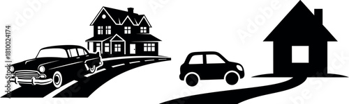 Journey home cars traveling roads towards houses in black and white silhouette