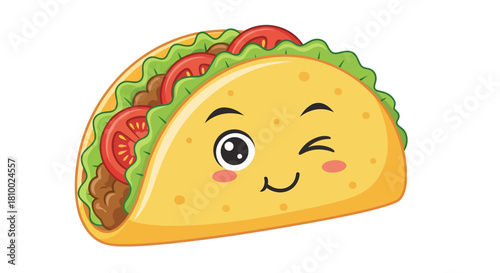 Cartoon taco with a winking face, filled with meat, lettuce, and tomato slices, on a white background.
