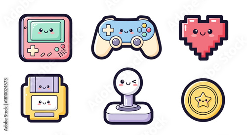Cute gaming icons: handheld console, controller, pixel heart, cartridge, joystick, coin.
