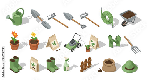 Isometric garden tools and equipment illustration set, gardening elements.