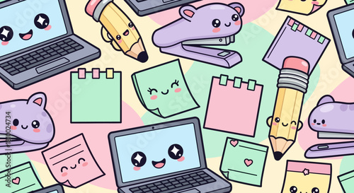 Kawaii stationery pattern with laptops, pencils, staplers, and sticky notes.