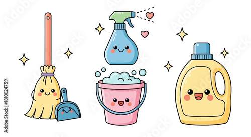 Cute cartoon cleaning supplies: broom, spray bottle, bucket, and detergent.
