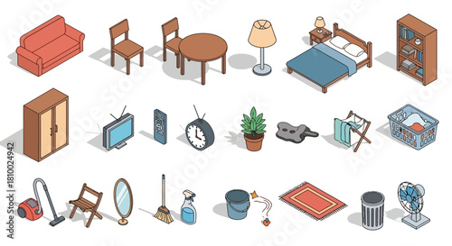 Isometric furniture and household items illustration.