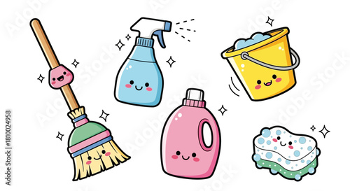 Cute cartoon cleaning supplies: broom, spray bottle, bucket, detergent, sponge.