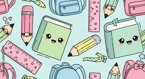 Cute school supplies pattern with books, pencils, rulers, and backpacks on a light blue background.