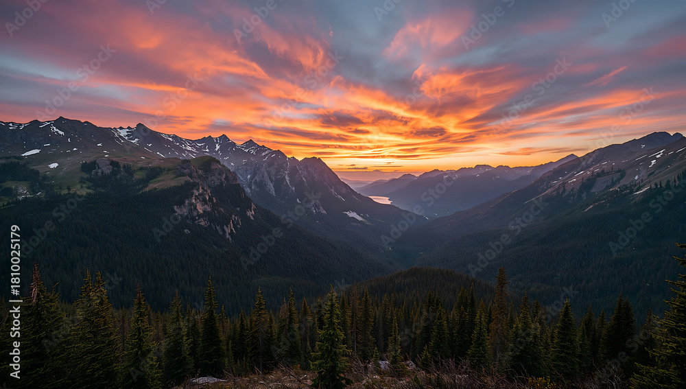 Obraz premium Crisp photorealistic mountain landscape with glowing sunset and lush wilderness.