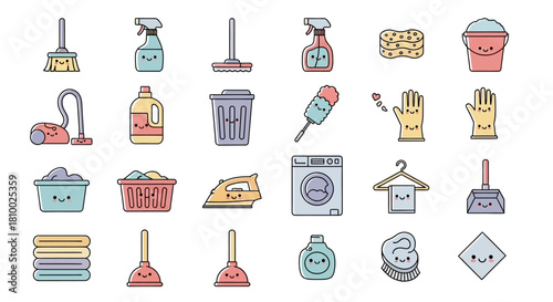 Cartoon cleaning supplies icons with cute faces, including vacuum, mop, and bucket.