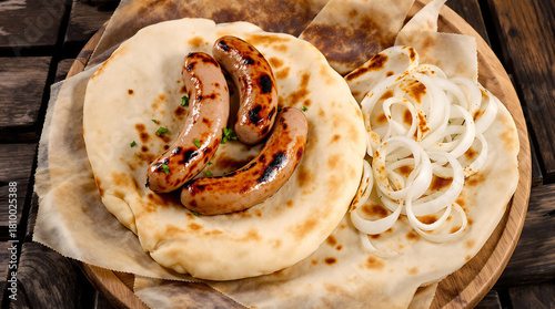 Fototapeta Naklejka Na Ścianę i Meble -  Overhead view of ćevapi small grilled meat sausages, lepinja bread, raw onions, balkan street food