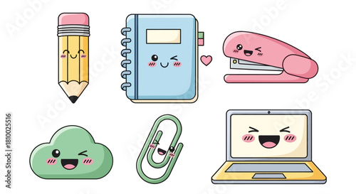 Cartoon illustration of kawaii-style office supplies including a pencil, notebook, stapler, cloud, paperclip, and laptop.