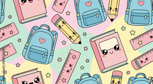 Cute school supplies pattern with backpacks, books, pencils, and rulers.