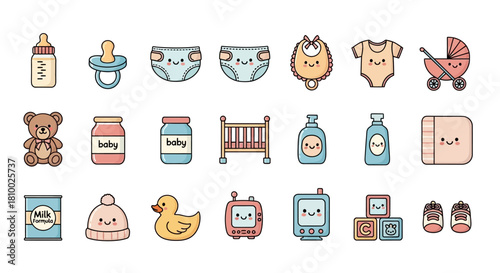 Collection of baby-themed icons in a flat design style.