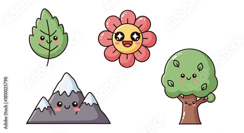 Cute cartoon nature icons: leaf, flower, mountain, and tree with kawaii faces.