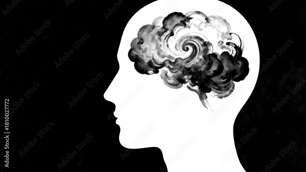 Obraz premium Black and white negative space silhouette of human head profile with swirling ink clouds inside brain symbolizing chaotic mind, confusion, and mental health struggle (Overthinking )